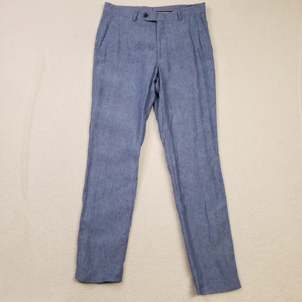 Tommy Hilfiger Dress Pants Men 32x32 Blue 100% Linen Flat Front Trousers Raw Hem